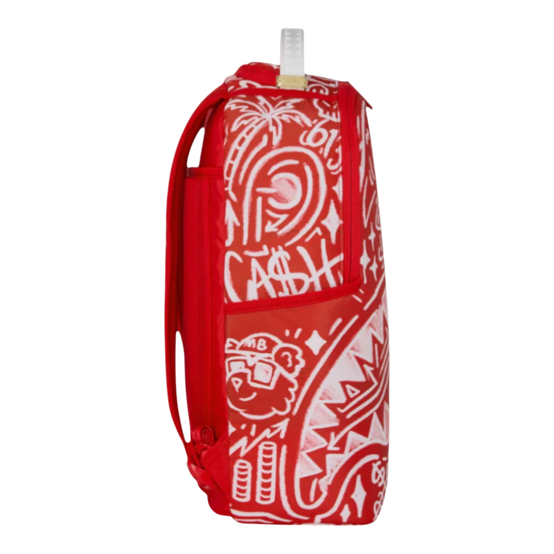 HypeSelection red faux leather backpack with all-over white graffiti print, featuring &