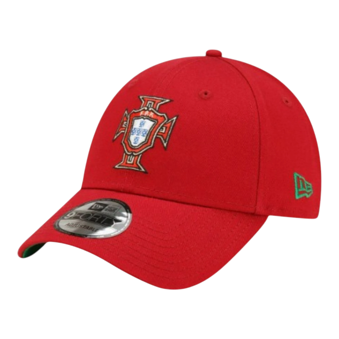 HypeSelection red cotton New Era 9Forty Portugal cap with embroidered crest and green undervisor.