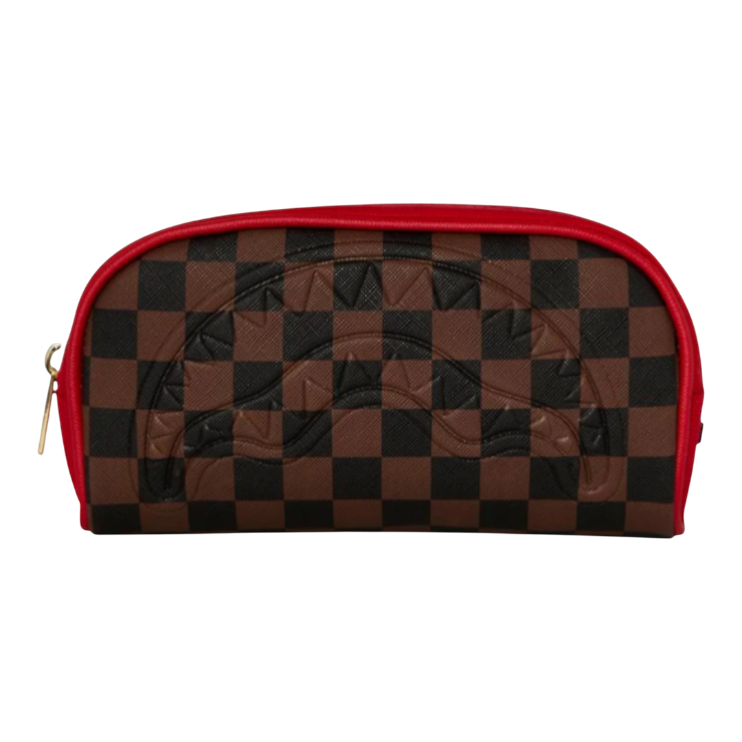 HypeSelection Sprayground Red Redemption pouch with brown and black checkerboard pattern and red trim. Features a shark mouth graphic.