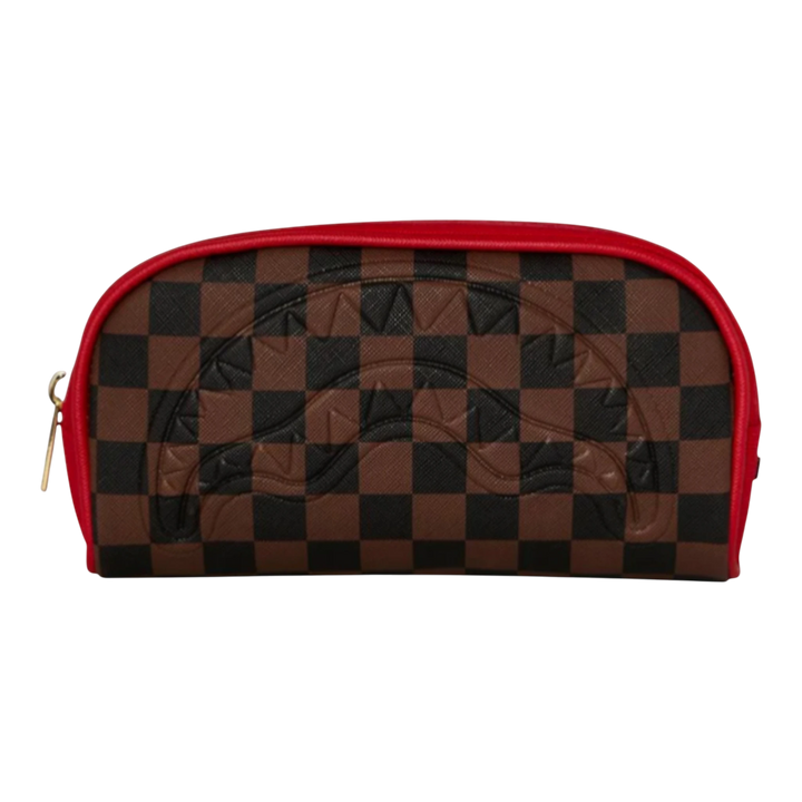 HypeSelection Sprayground Red Redemption pouch with brown and black checkerboard pattern and red trim. Features a shark mouth graphic.