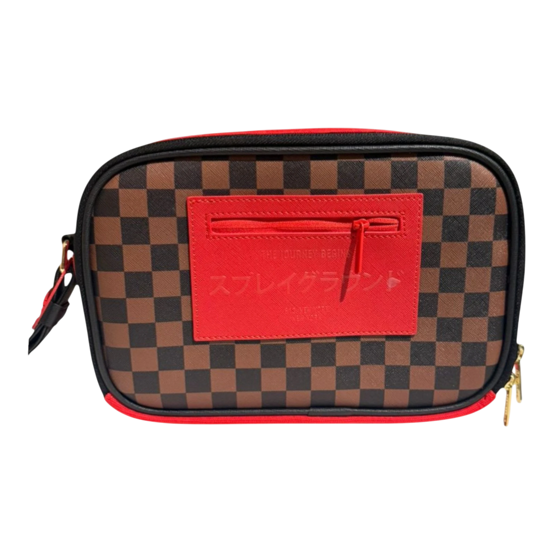 HypeSelection Red Redemption toiletry bag with brown and black checkerboard pattern, red accents, and Japanese text.