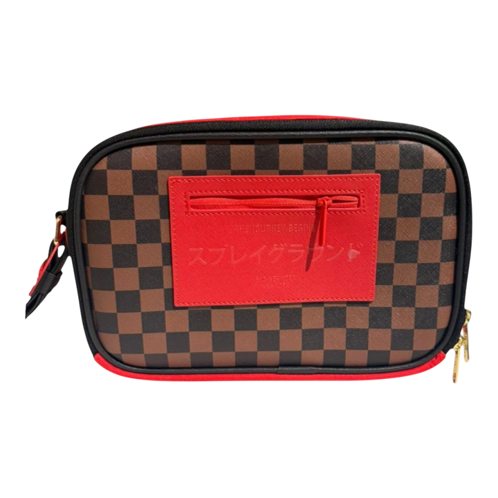 HypeSelection Red Redemption toiletry bag with brown and black checkerboard pattern, red accents, and Japanese text.