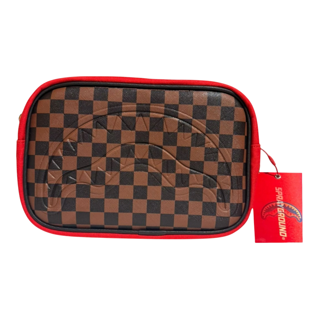 HypeSelection Sprayground Red Redemption toiletry bag with brown and black checkerboard pattern and red trim.