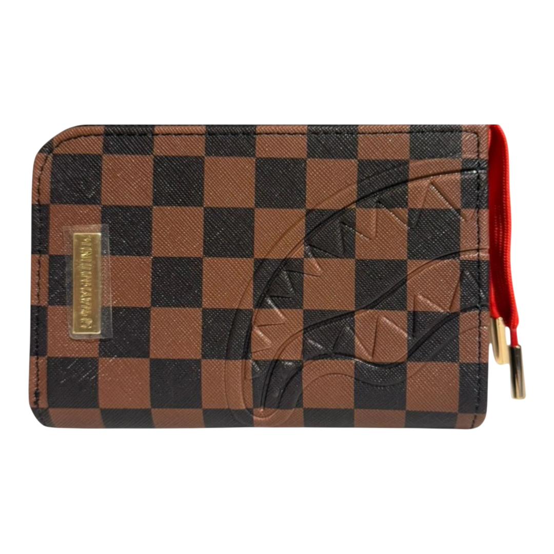 HypeSelection Sprayground Red Redemption wallet with brown and black checkerboard pattern and shark graphic.