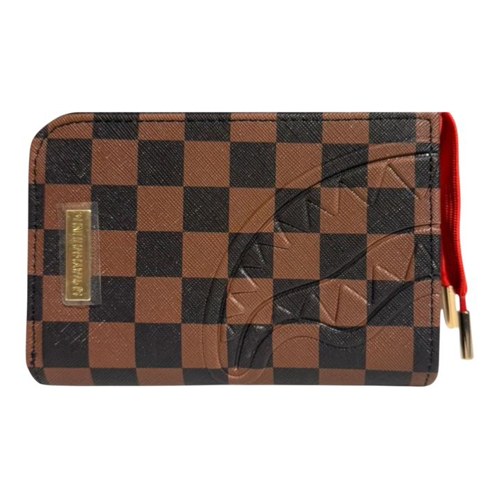 HypeSelection Sprayground Red Redemption wallet with brown and black checkerboard pattern and shark graphic.
