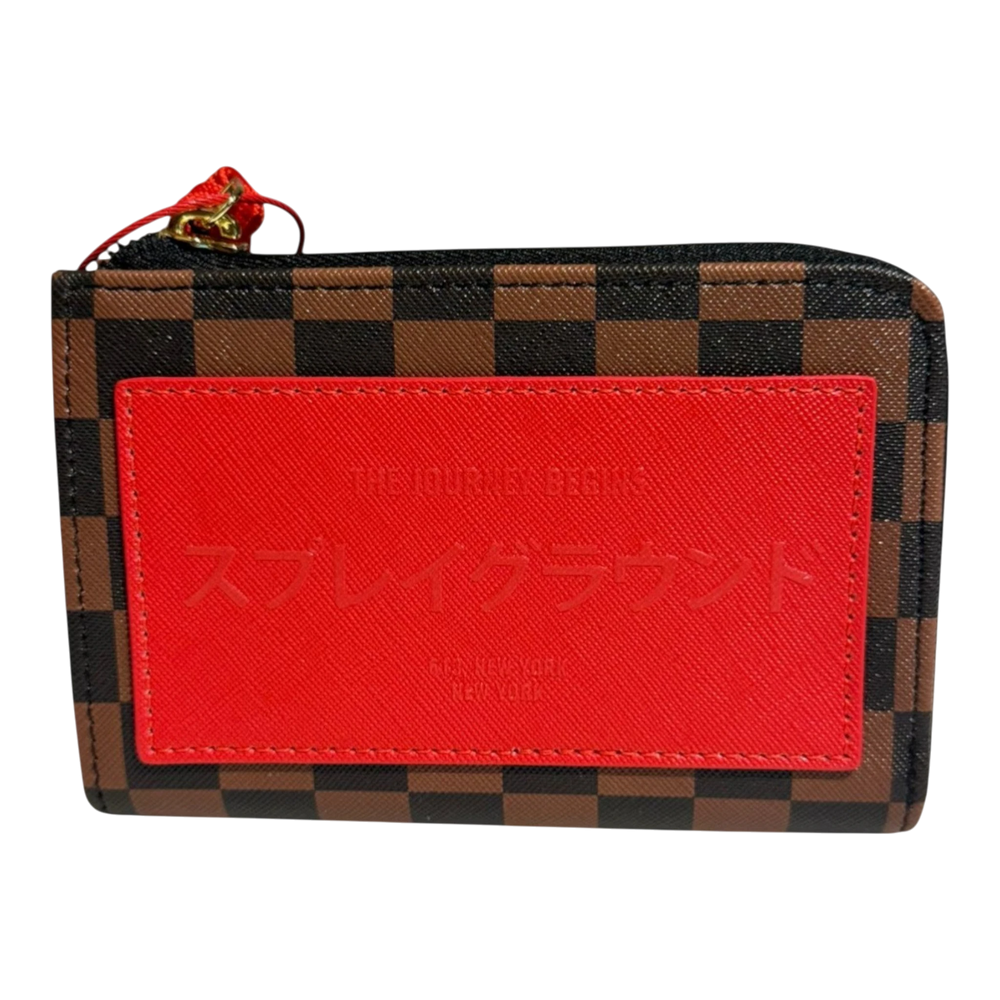 HypeSelection Sprayground Red Redemption wallet with brown and black checkerboard pattern and red accent panel with Japanese text.