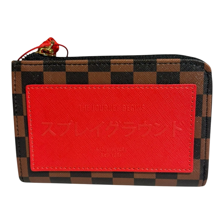 HypeSelection Sprayground Red Redemption wallet with brown and black checkerboard pattern and red accent panel with Japanese text.