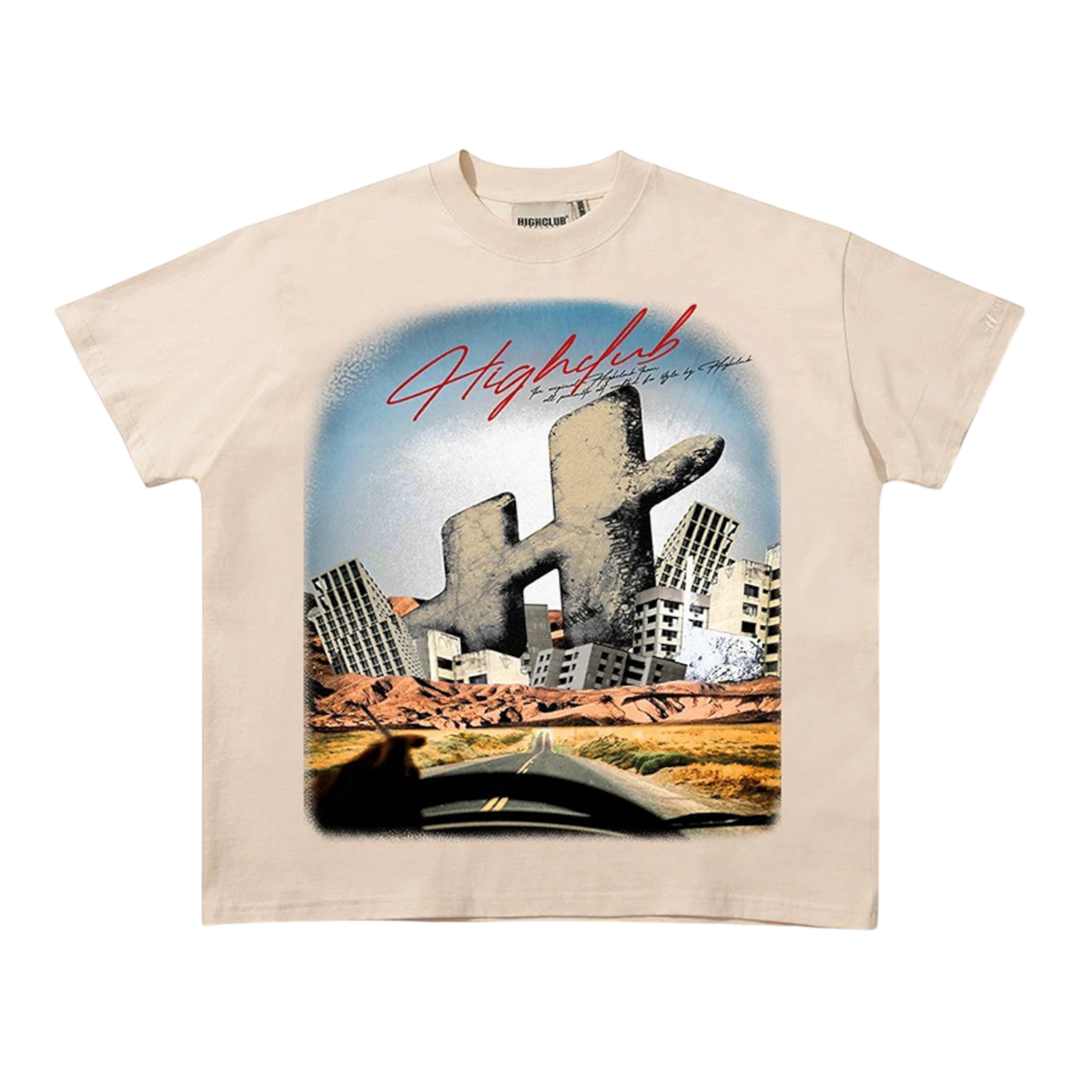 HypeSelection Relics Tee in beige 100% cotton with a large graphic print of a post-apocalyptic desert landscape and a crumbling HC monogram.
