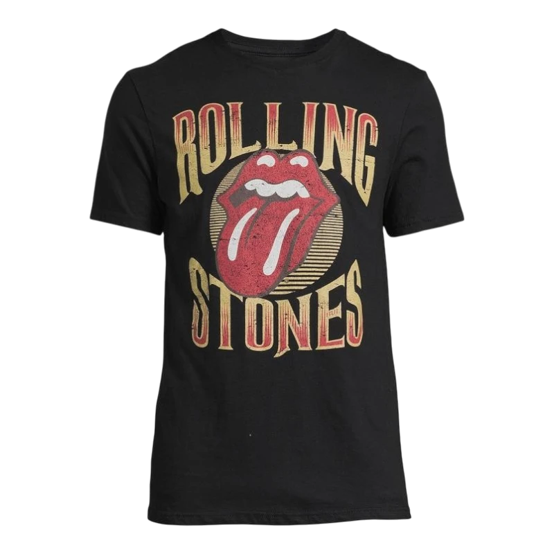 HypeSelection black cotton t-shirt with vintage Rolling Stones logo and iconic tongue graphic.
