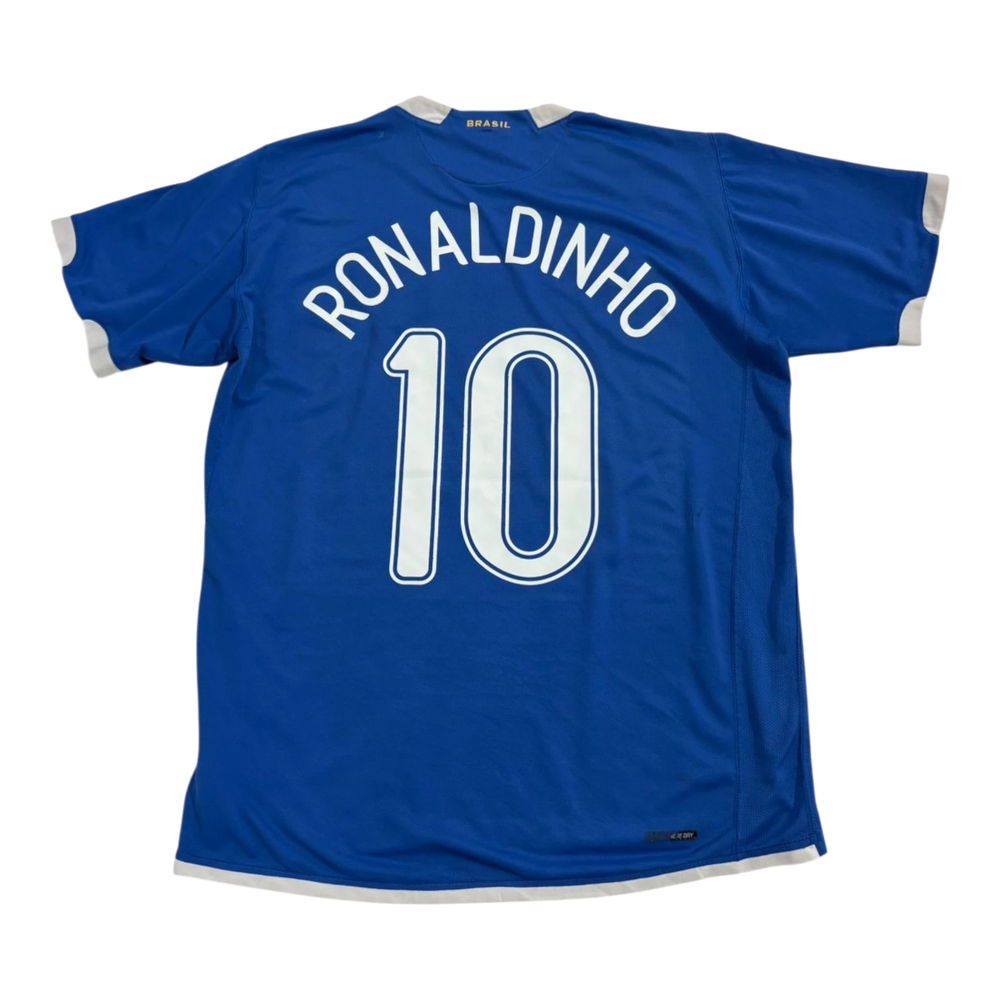 HypeSelection vintage Nike Brazil blue Ronaldinho #10 soccer jersey with white trim and lettering.