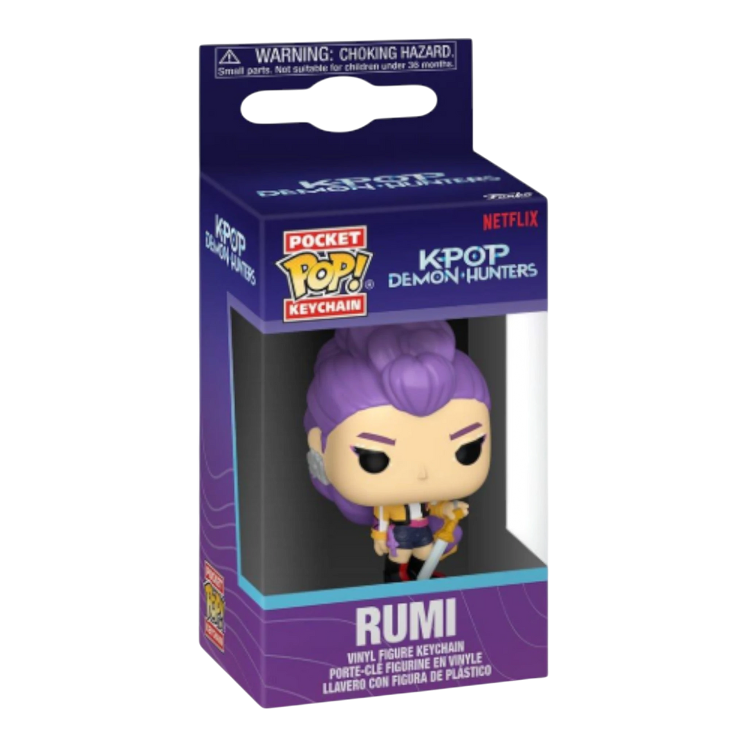 HypeSelection Kpop Demon Hunter Rumi Funko Pocket Pop! vinyl keychain with purple hair and sword accessory.