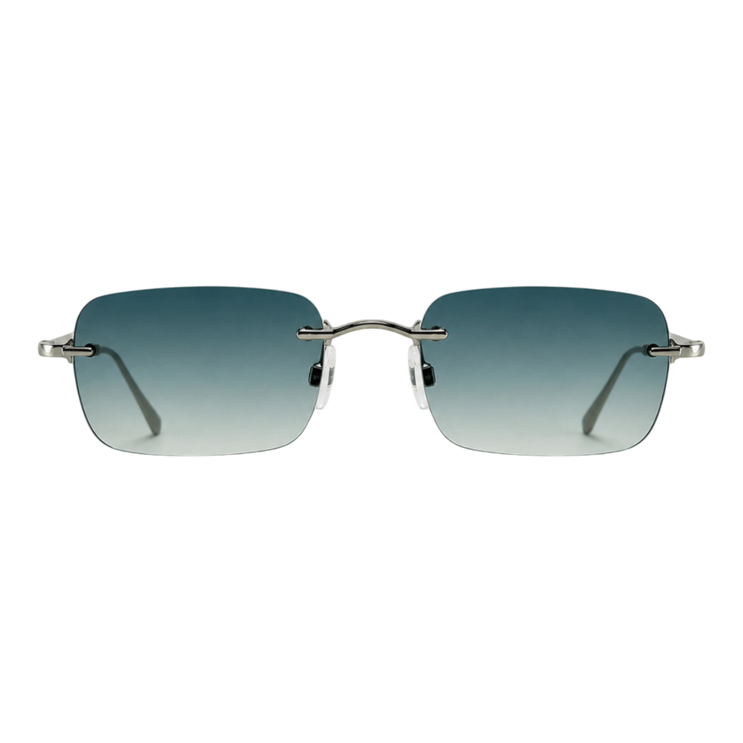HypeSelection Ryoko AeroFrameless sunglasses with rectangular blue gradient lenses and slim silver-tone metal frames.