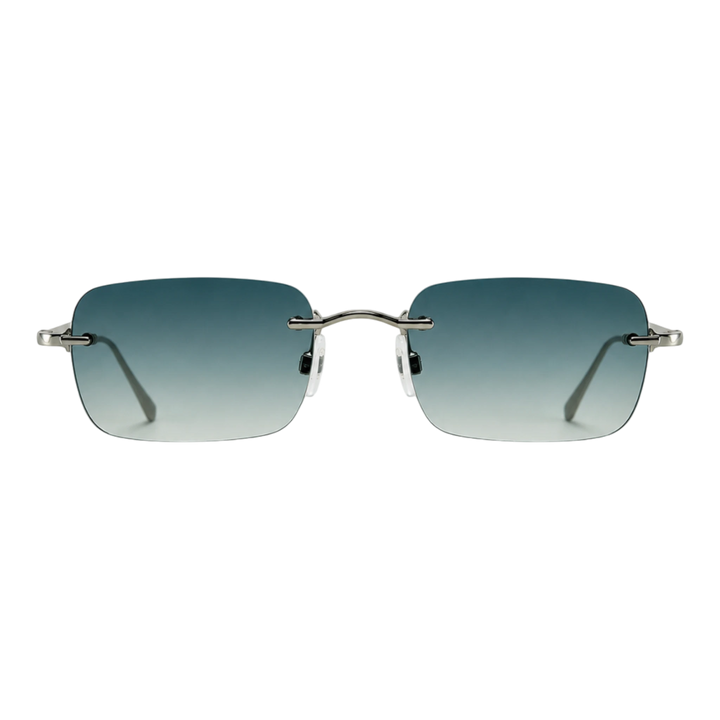 HypeSelection Ryoko AeroFrameless sunglasses with rectangular blue gradient lenses and slim silver-tone metal frames.