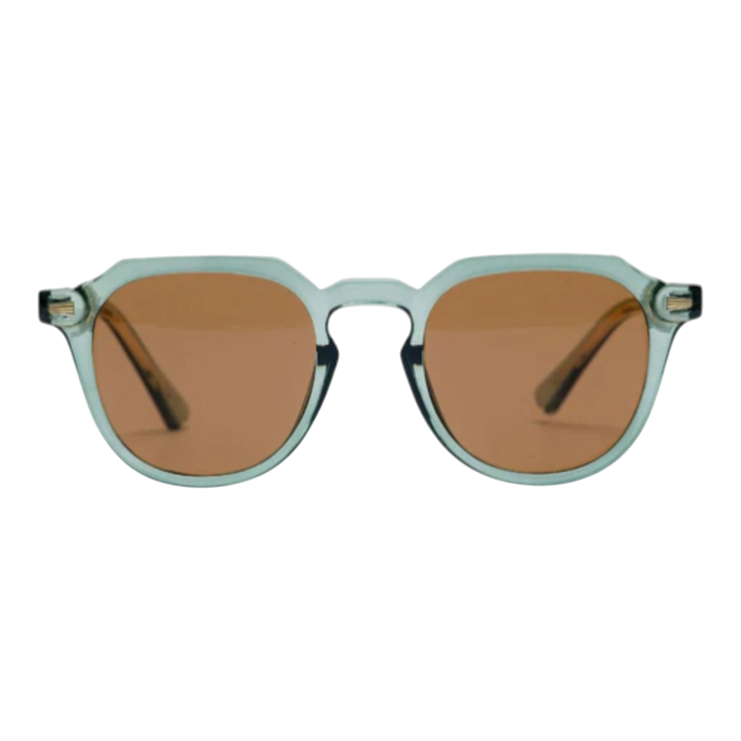 HypeSelection Ryoko HeritageLuminosity sunglasses with translucent aqua frame and brown lenses. Round vintage-inspired silhouette.