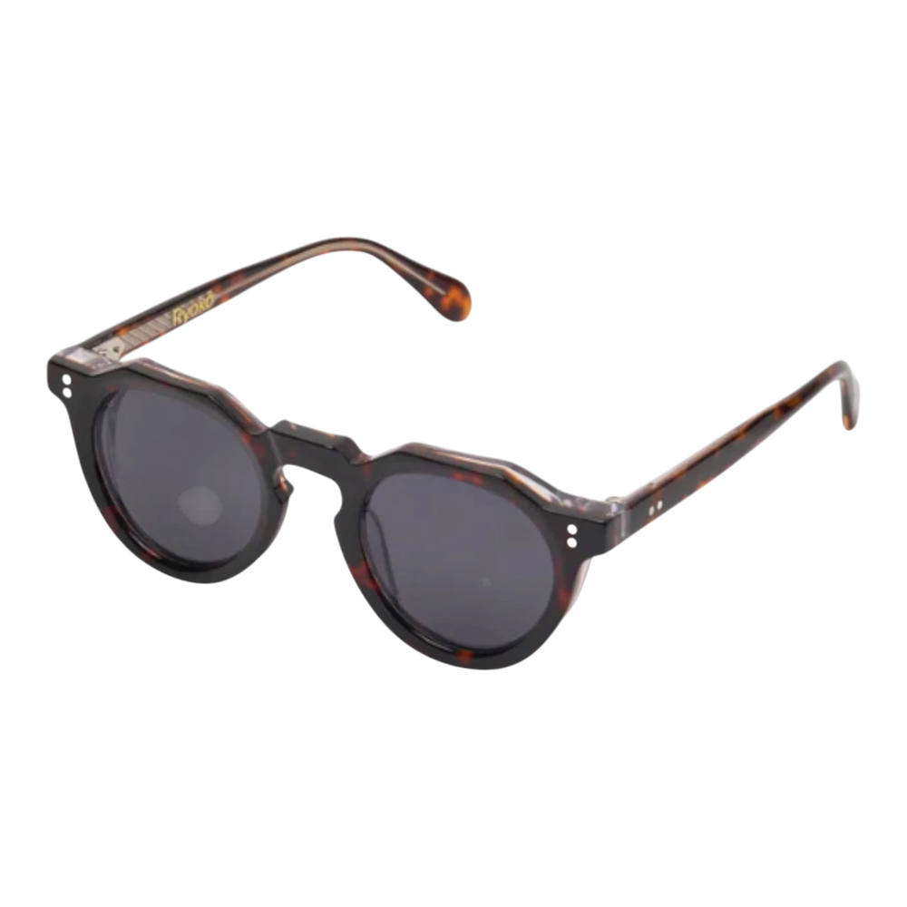 HypeSelection Ryoko ClassicCharm sunglasses with tortoise acetate frame and navy blue lenses. Vintage-inspired round silhouette.