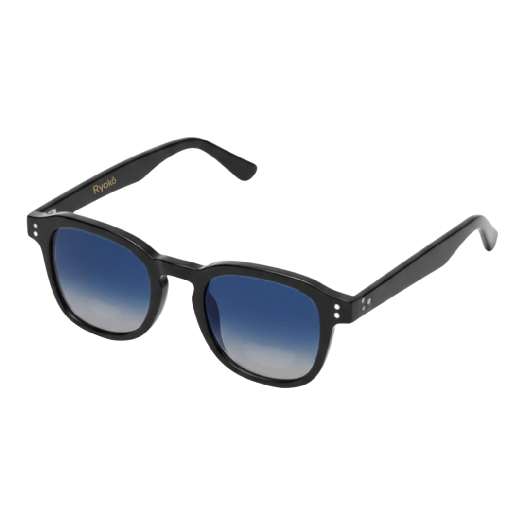 HypeSelection Ryoko ClassicClarity black acetate sunglasses with blue gradient lenses and silver dot details.