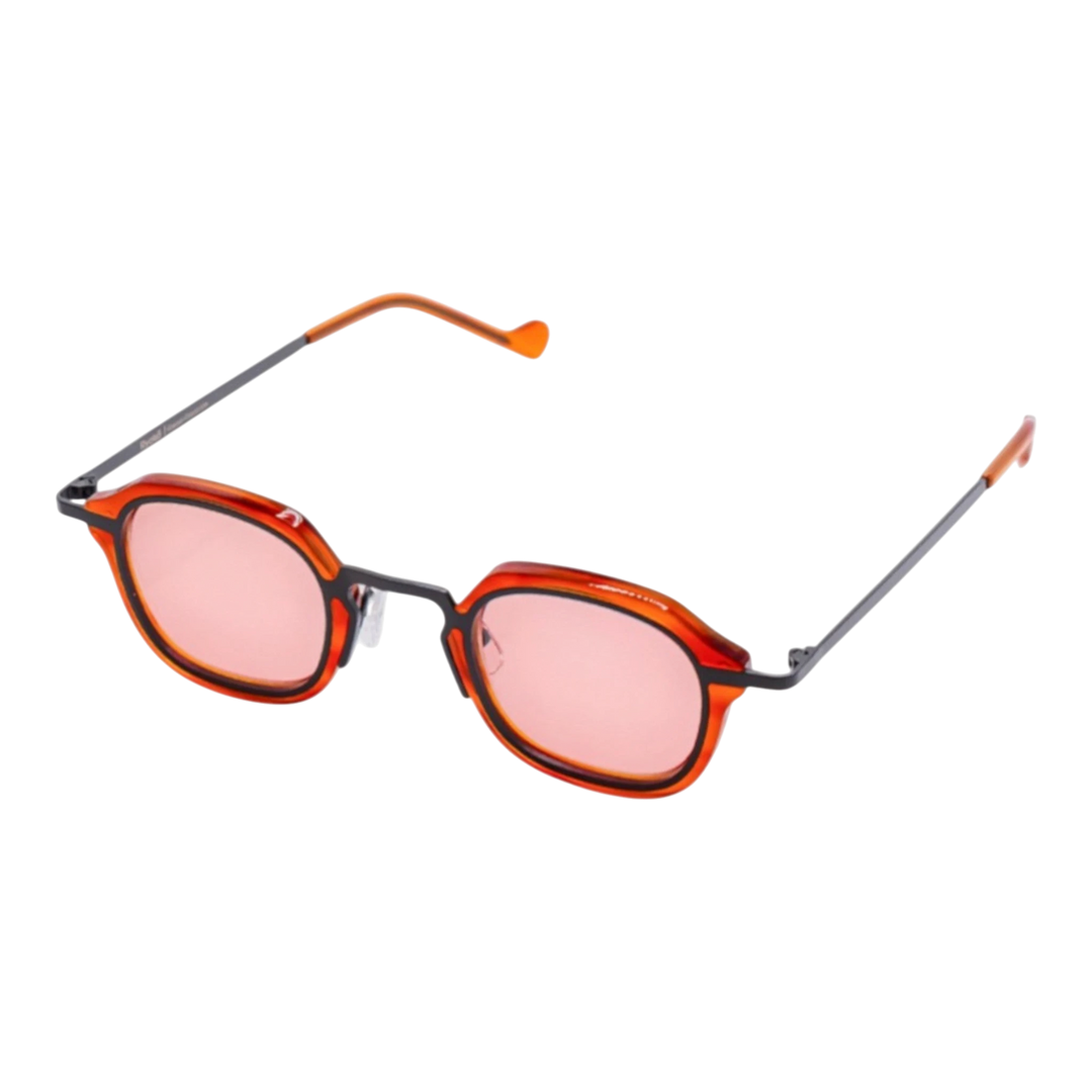 HypeSelection Ryoko CobaltVision sunglasses with orange acetate frames, grey titanium temples, and pink tinted lenses. Rectangular shape.