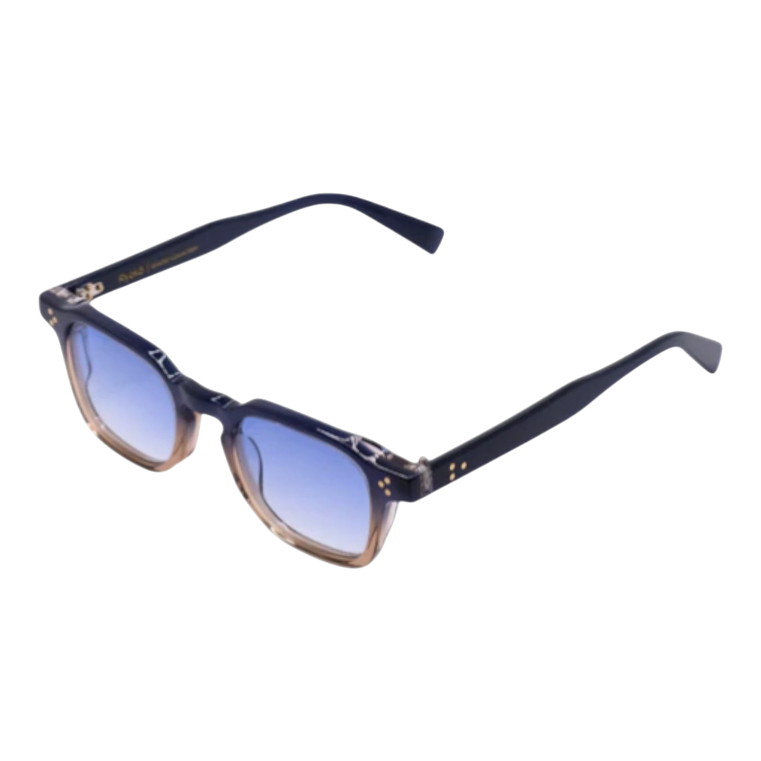 HypeSelection Ryoko GoldenEra sunglasses with blue gradient lenses and a dark blue frame with gold accents.