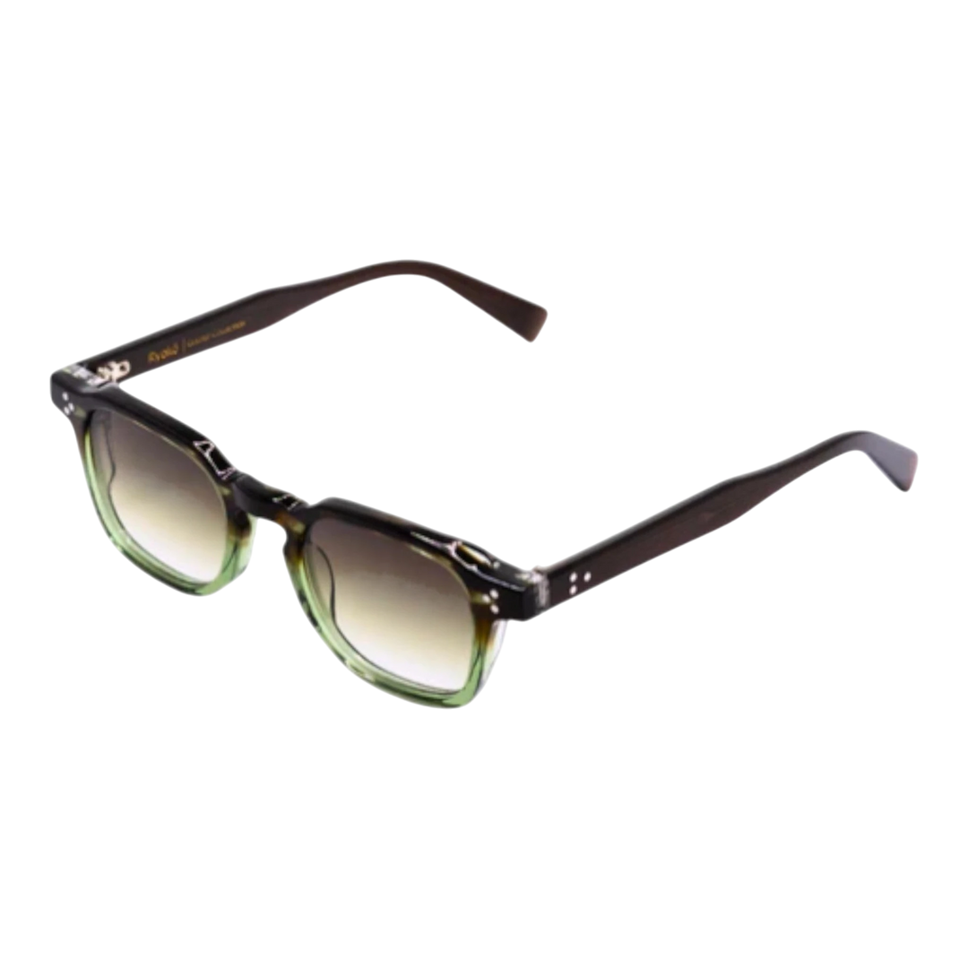 HypeSelection Ryoko GoldenEra sunglasses with green acetate frames and brown gradient lenses. Classic square shape with decorative stud accents.