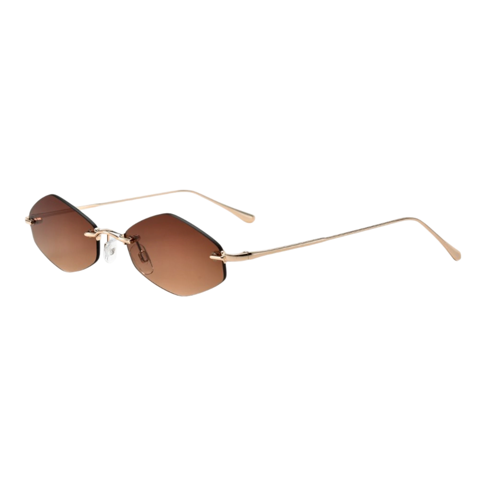 HypeSelection Ryoko HaloMuse sunglasses in RoseDusk with a rimless geometric metal frame and gradient blush lenses.