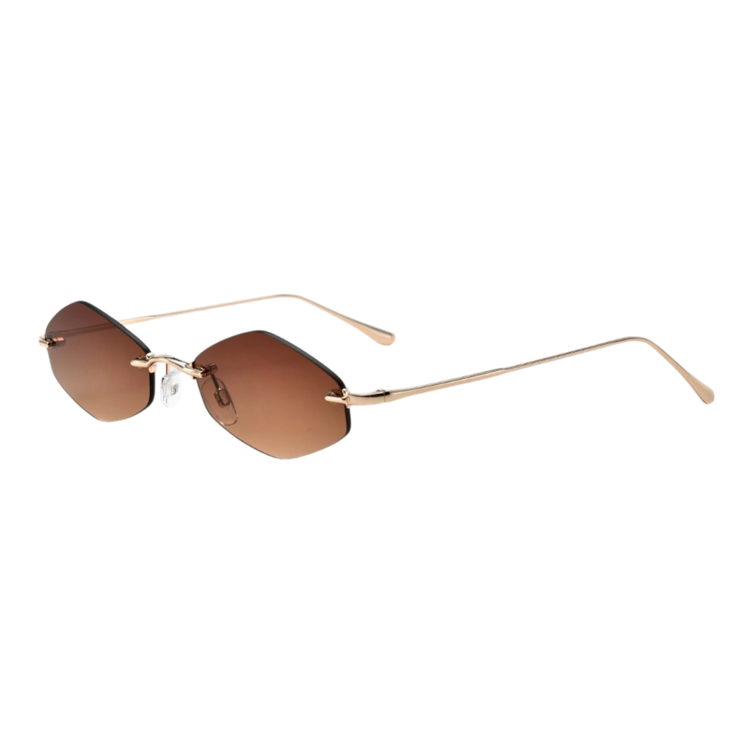 HypeSelection Ryoko HaloMuse sunglasses in RoseDusk with a rimless geometric metal frame and gradient blush lenses.