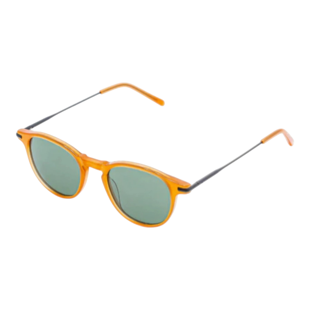 HypeSelection Ryoko RogueVision sunglasses with a bold yellow frame and green lenses. Round lenses and thin metal temples.