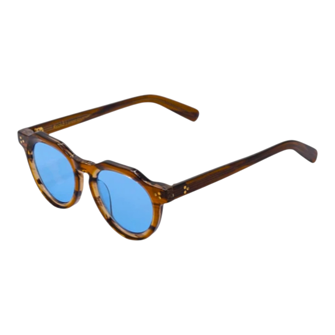 HypeSelection Ryoko SolarGleam sunglasses with brown tortoiseshell frames and bright blue lenses. Round shape, modern design.