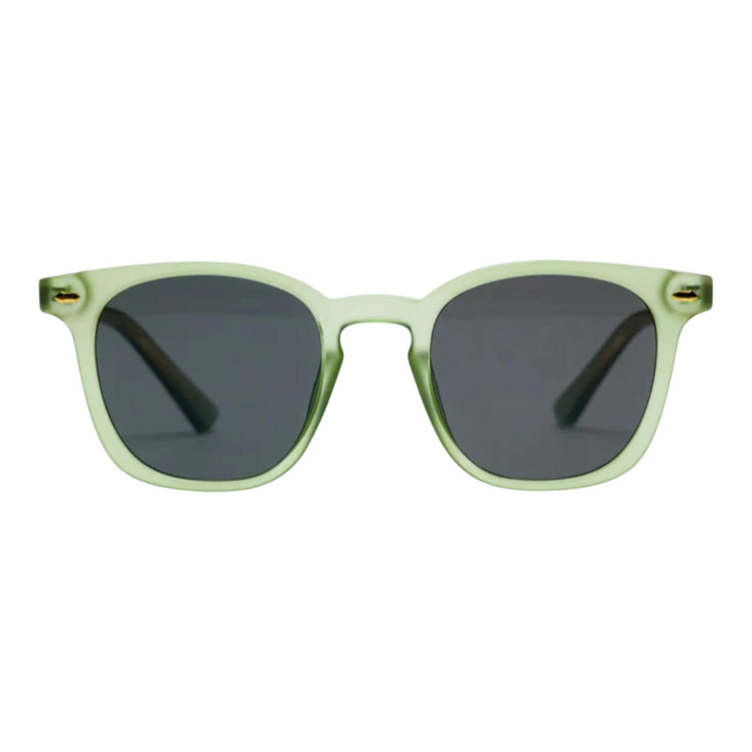 HypeSelection Ryoko ThrowbackTones sunglasses with transparent crystal green acetate frames and dark grey lenses.