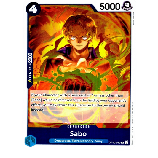 HypeSelection One Piece TCG Sabo OP10-049 Rare character card, blue attribute, 4 cost, 5000 power, defensive utility.