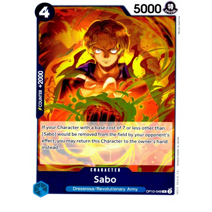 HypeSelection One Piece TCG Sabo OP10-049 Rare character card, blue attribute, 4 cost, 5000 power, defensive utility.