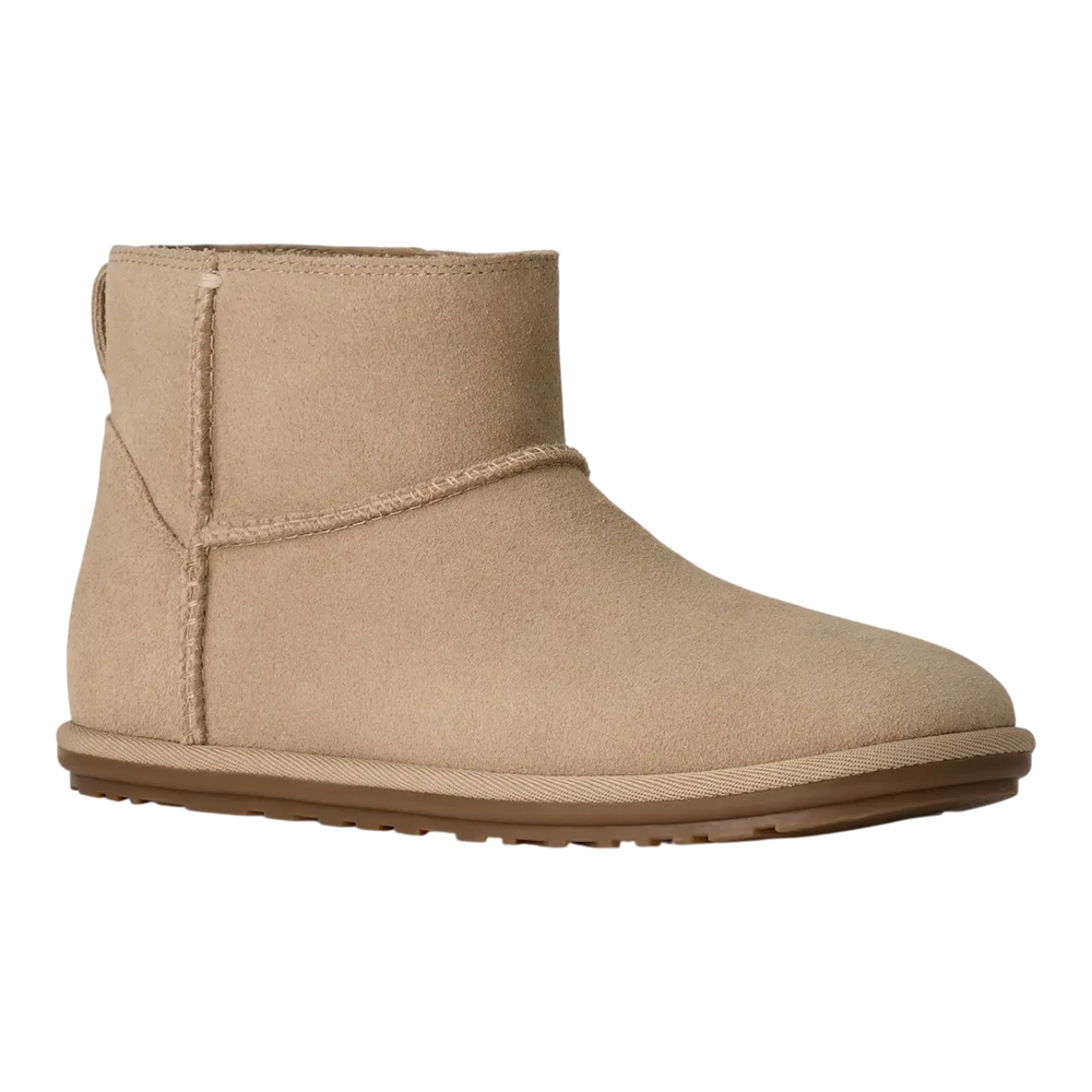 HypeSelection UGG Classic Mini Deconstructed boot in sand suede with a relaxed ankle-height profile and flat sole.