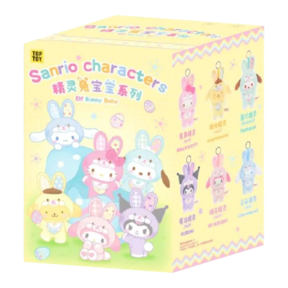 HypeSelection Sanrio characters Elf Bunny Baby blind box featuring Hello Kitty, My Melody, Kuromi, Cinnamoroll, Pochacco, and Pompompurin in bunny costumes.
