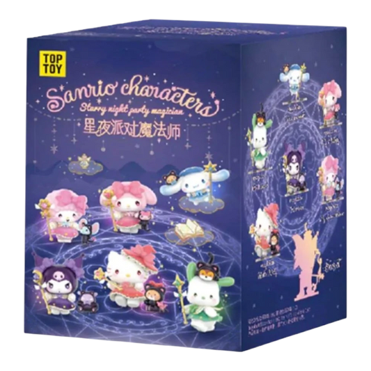 HypeSelection Sanrio Characters Starry Night Party Magician Series blind box figures featuring Hello Kitty, Kuromi, Cinnamoroll, My Melody, Pochacco, and My Sweet Piano as magicians.