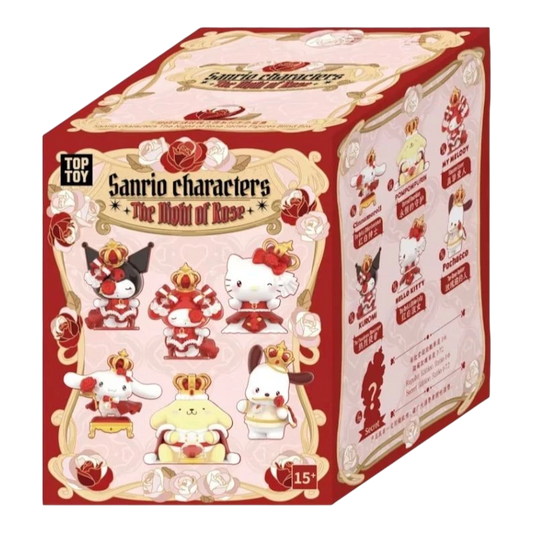 HypeSelection TopToy Sanrio Characters Rose Night Series blind box featuring Kuromi, My Melody, Hello Kitty, Cinnamoroll, Pompompurin, and Pochacco in regal attire with crowns and roses.