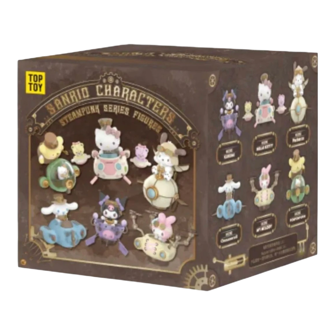 HypeSelection TopToy Sanrio Characters Steampunk Series blind box figures featuring Hello Kitty, Kuromi, Cinnamoroll, and Pochacco in steampunk vehicles.