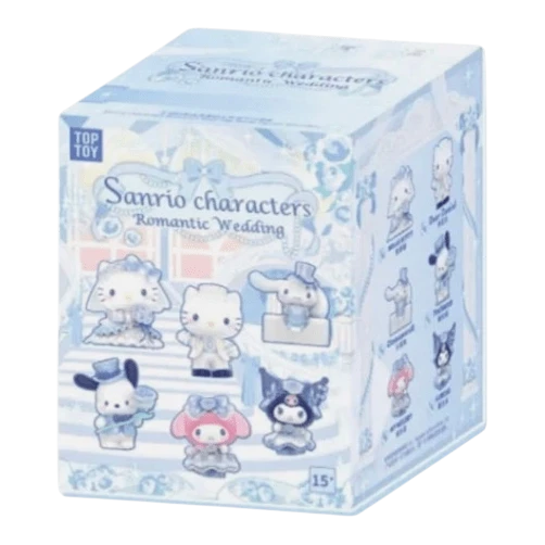 HypeSelection Sanrio Characters Romantic Wedding Series blind box featuring Hello Kitty, My Melody, Cinnamoroll, Pompompurin, Kuromi, and Pochacco in wedding attire.