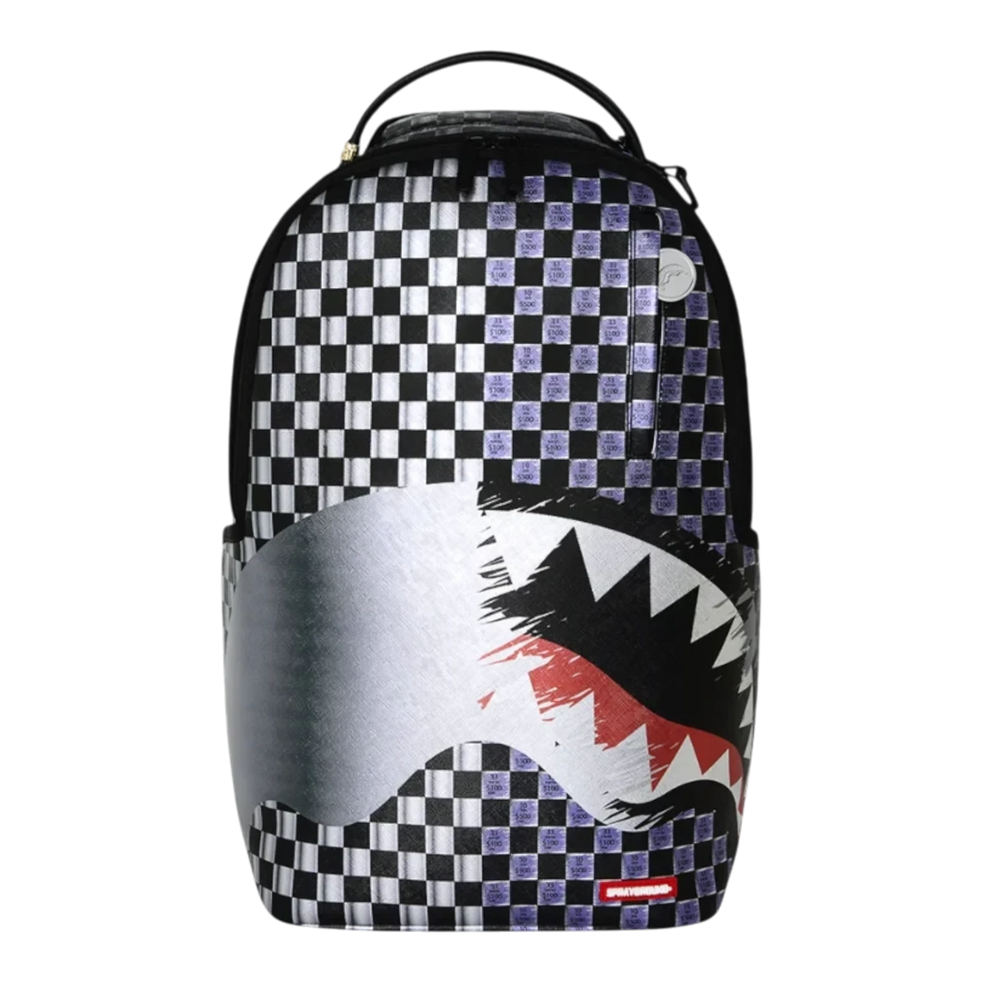 HypeSelection Sprayground Scratch Off Shark DLXSV backpack with black and white checkered pattern and shark mouth art