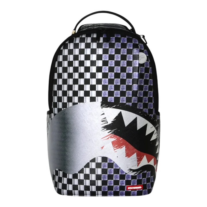 HypeSelection Sprayground Scratch Off Shark DLXSV backpack with black and white checkered pattern and shark mouth art