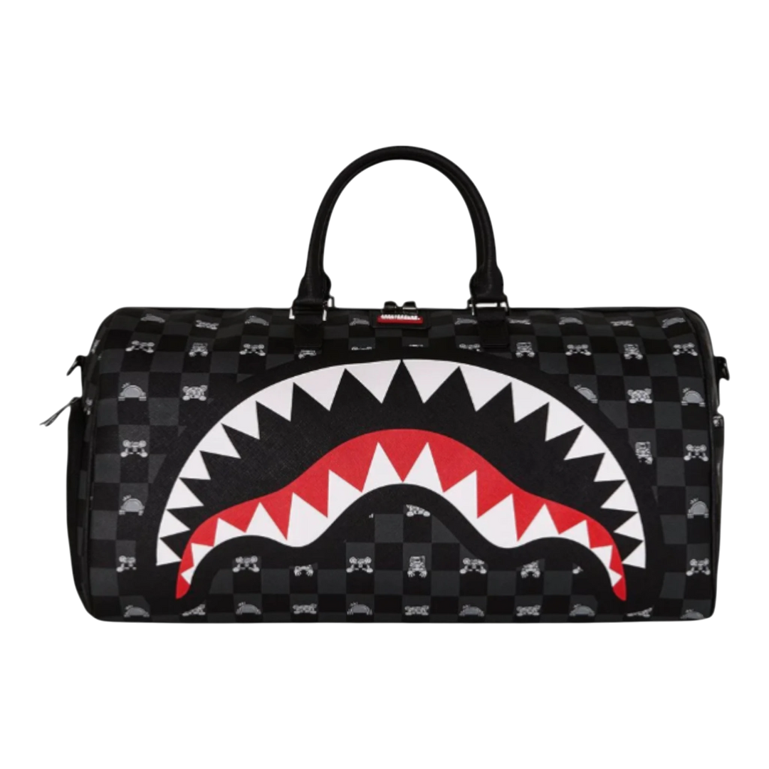 HypeSelection black and grey checkered duffle bag with a white, red, and black shark mouth graphic. Features dual handles and a shoulder strap.