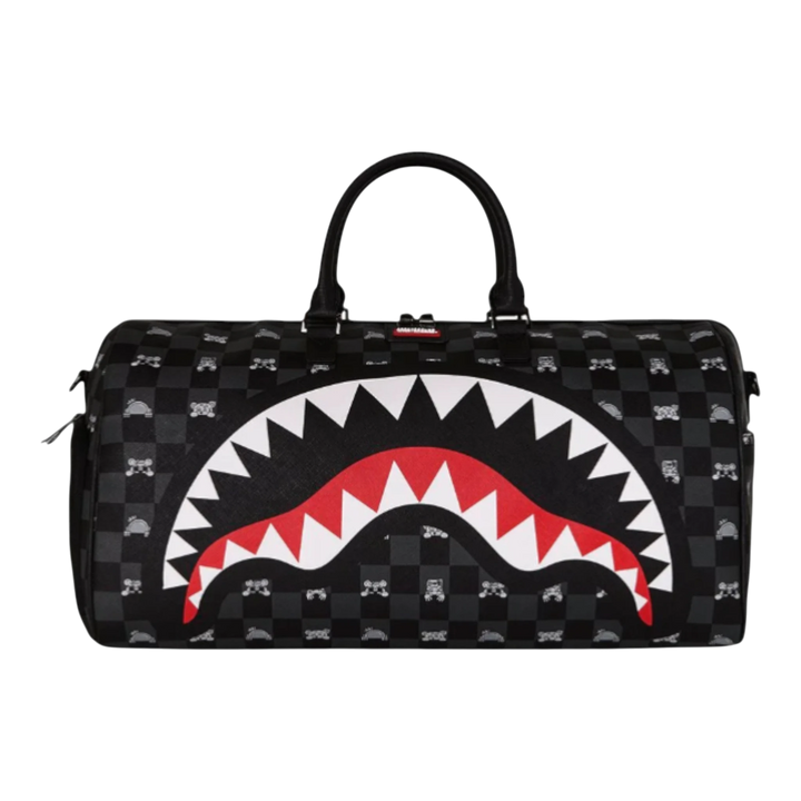 HypeSelection black and grey checkered duffle bag with a white, red, and black shark mouth graphic. Features dual handles and a shoulder strap.