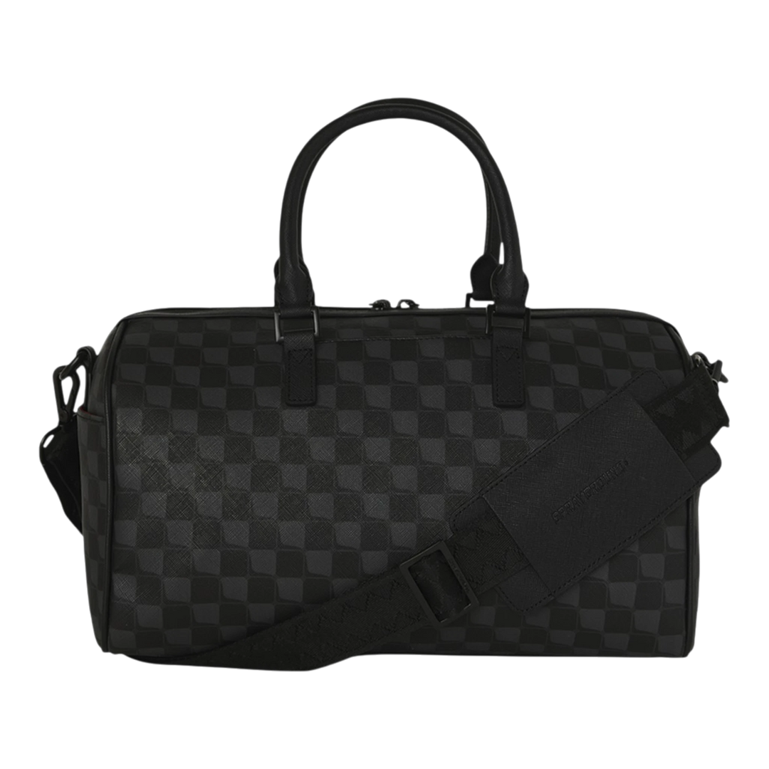 HypeSelection black faux leather mini duffle bag with checkered pattern and Sharks in Paris balloon graphic.