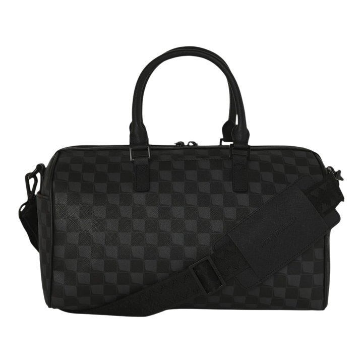 HypeSelection black faux leather mini duffle bag with checkered pattern and Sharks in Paris balloon graphic.