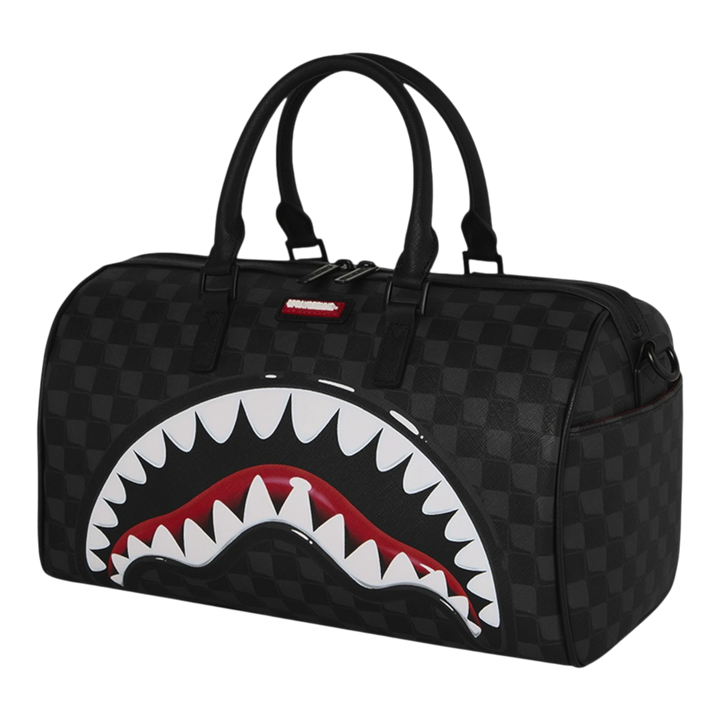 HypeSelection black faux leather mini duffle bag with iconic Sharks in Paris balloon graphic and gold hardware.