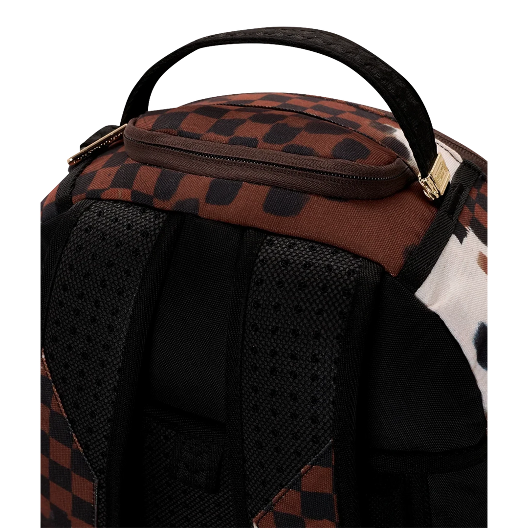 HypeSelection Sprayground Sharks In Paris backpack featuring brown and black checkered canvas and padded straps