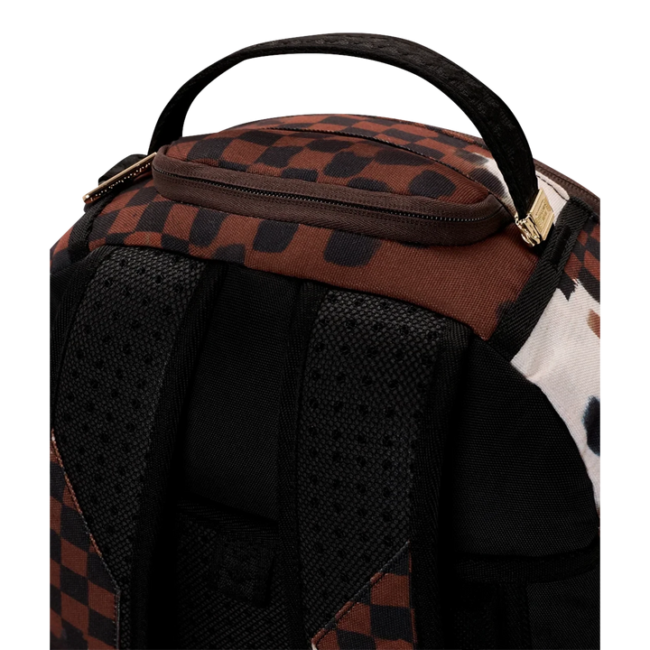 HypeSelection Sprayground Sharks In Paris backpack featuring brown and black checkered canvas and padded straps