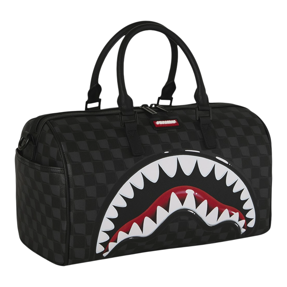 HypeSelection black faux leather mini duffle bag with iconic shark mouth graphic and checkered pattern.