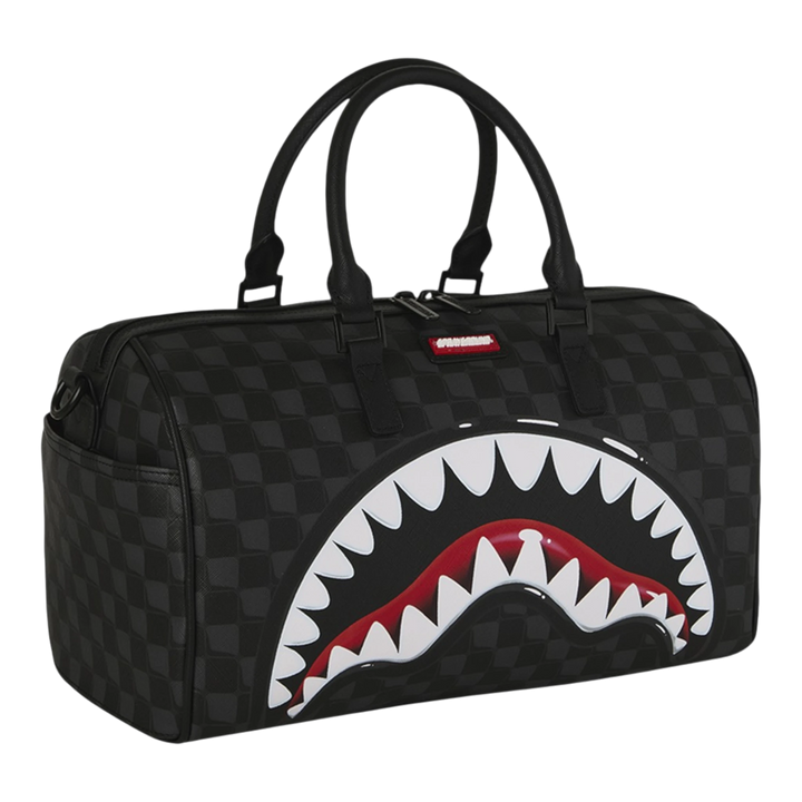 HypeSelection black faux leather mini duffle bag with iconic shark mouth graphic and checkered pattern.