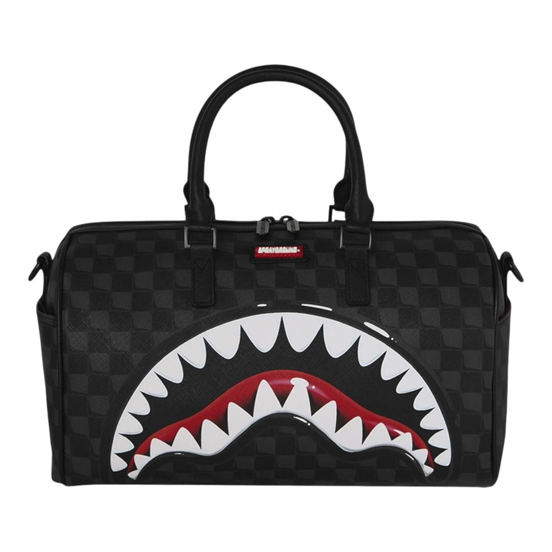HypeSelection black faux leather mini duffle bag with iconic shark mouth graphic and checkered pattern.
