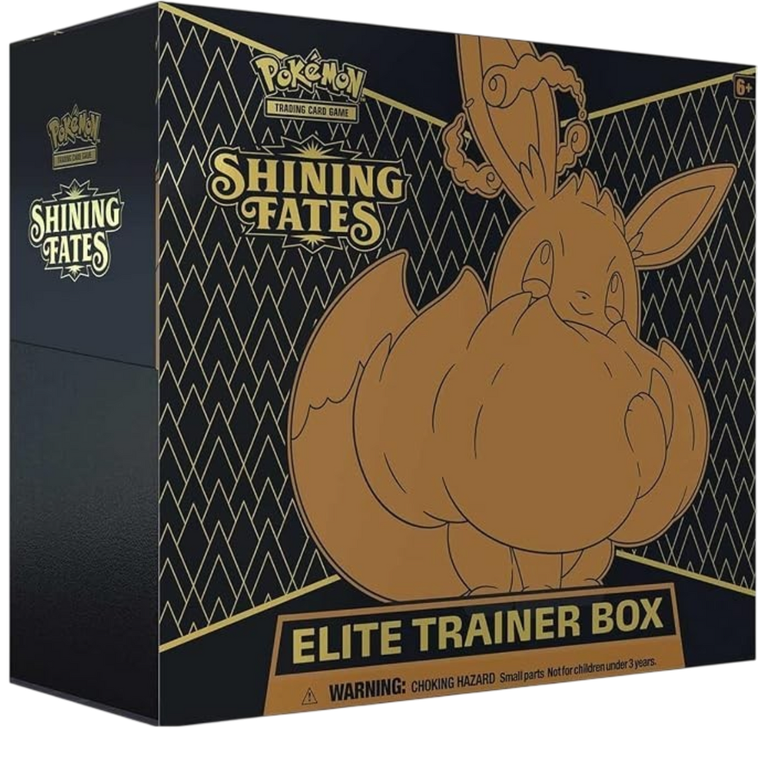HypeSelection sealed Pokemon Shining Fates Elite Trainer Box featuring Gigantamax Eevee artwork on black packaging