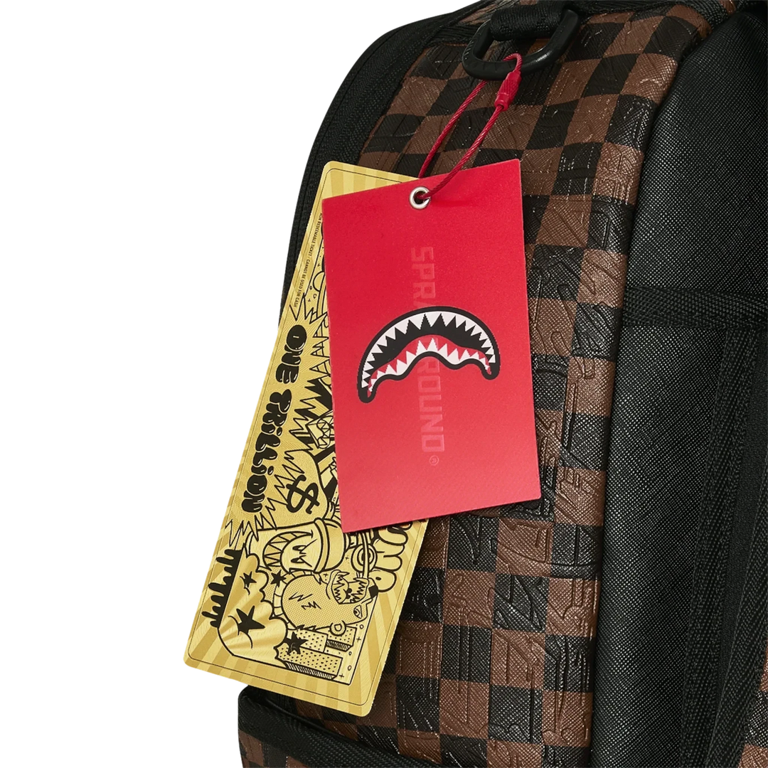 HypeSelection Sprayground Shredded Money DLXSV backpack featuring a brown checkered pattern and branded hang tags